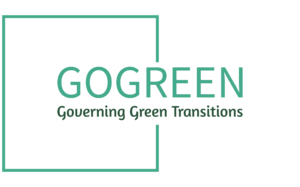 GOGREEN logo. It says GOGREEN in light green. Underneath, in dark green, it says: "Governing Green Transitions". There is a green square that frames the text on the left.