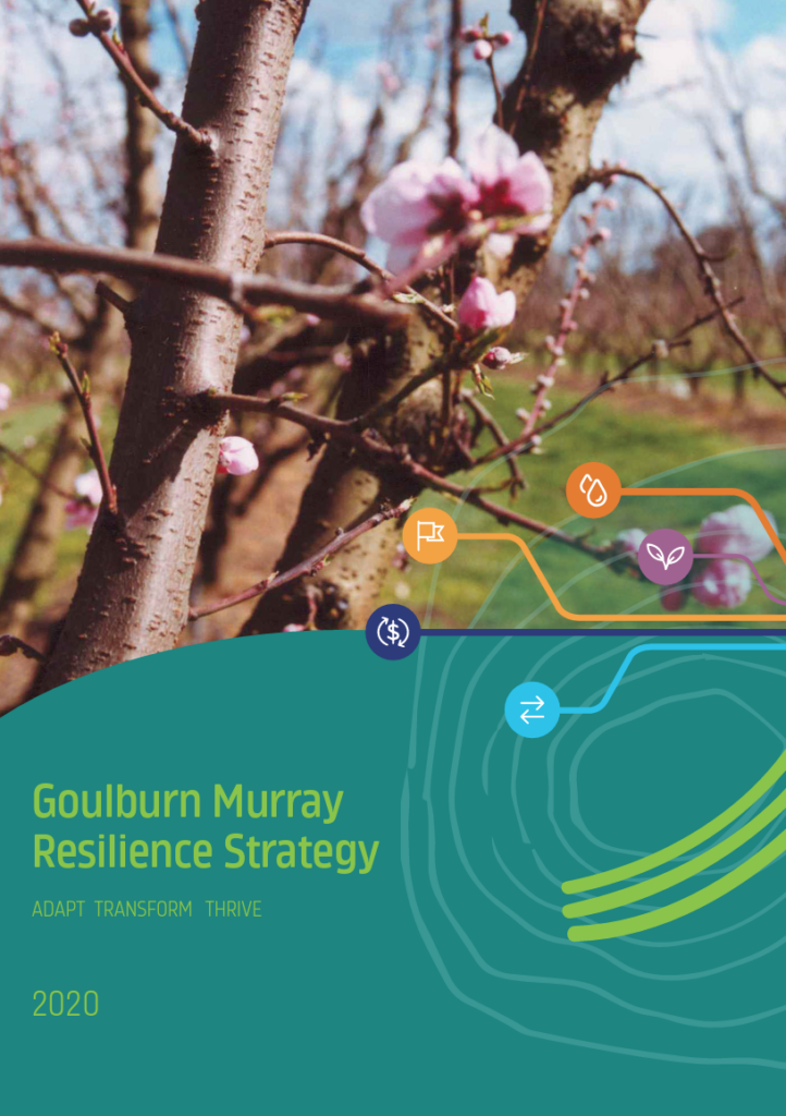 Poster. The Top half is a decorative photo of nature. The bottom half is blue-green and has the following text: "Goulburn Murray Resilience Strategy. Adapt. Transform. Thrive. 2020." To the right there is five icons, showing a fresh shoot in purple, drops of water in orange, a flag in yellow, a dollar-sign in between two bent arrows that point in a circle in dark blue, and finally two straight arrows pointing in opposite directions in light blue.