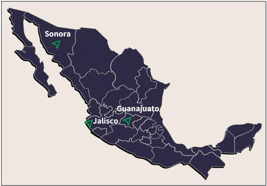 Map of Mexico with Sonora, Jalisco, and Guanajuato marked.